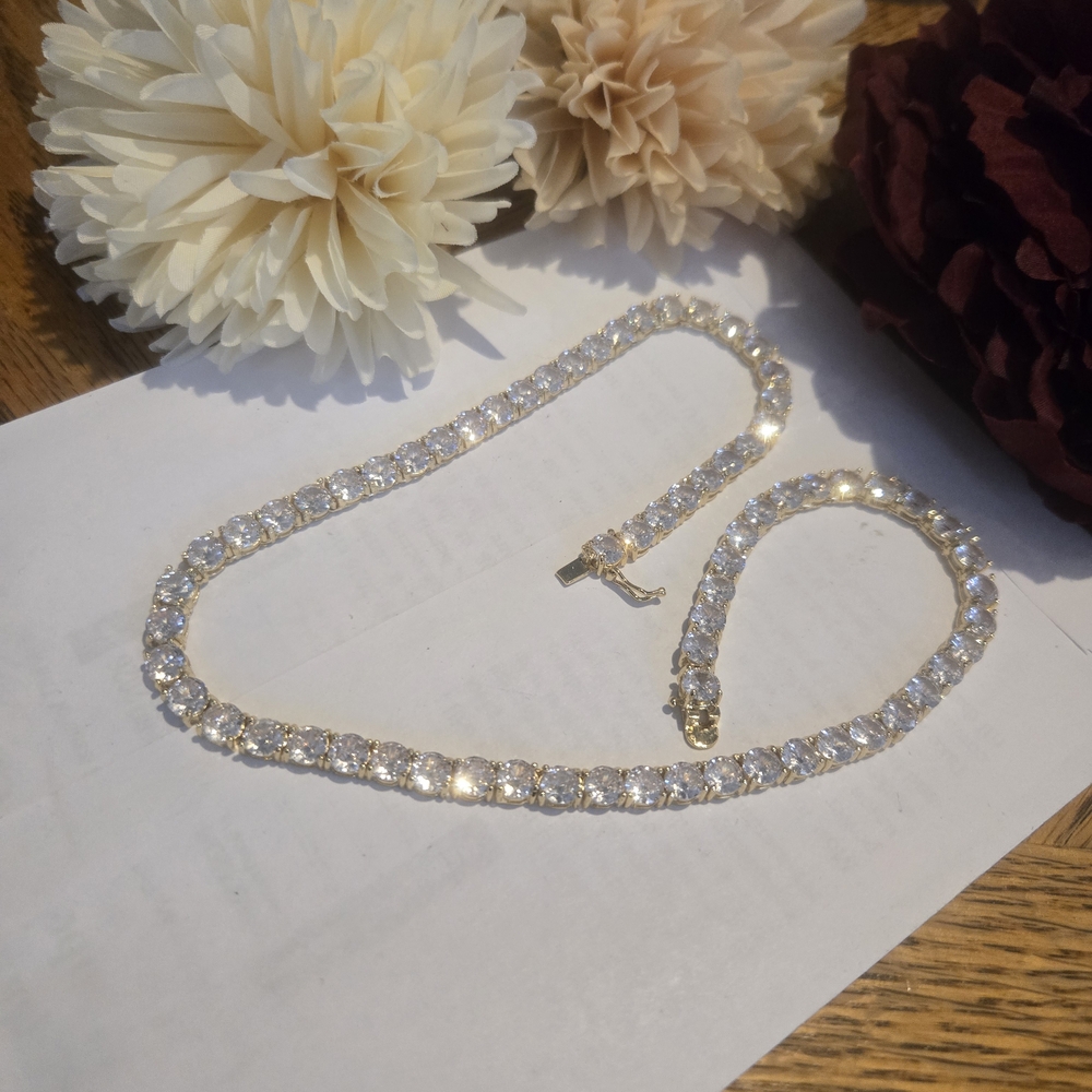 18" Gold Tennis Necklace with Clear Crystals - Women Jewelry